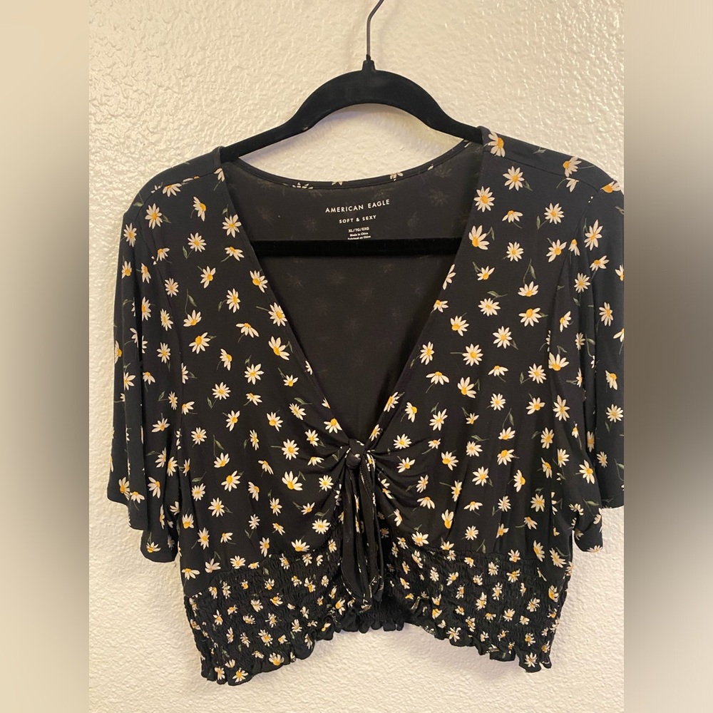 Black Patterned American Eagle Crop Top with Smocked Waist